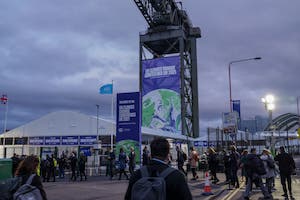 At the main entrance of the COP26 summit in Glasgow on Monday