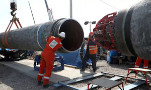 Workers at the construction site of the Nord Stream 2 gas pipeline.