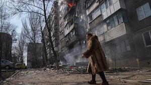 building on fire in Ukraine