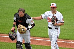 Orioles catcher Adley Rutschman and starting pitcher Tomoyuki Sugano